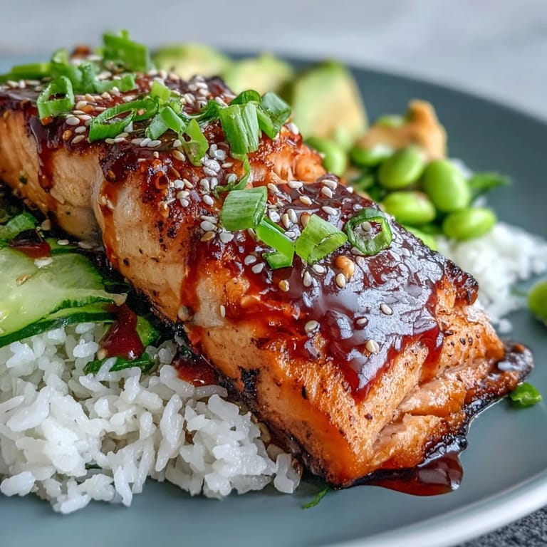 Zubereitete Honey Sriracha Salmon Bowl mit edamame, Gurke, zartem Lachs und cremiger Sriracha-Mayo auf weißem Teller.  