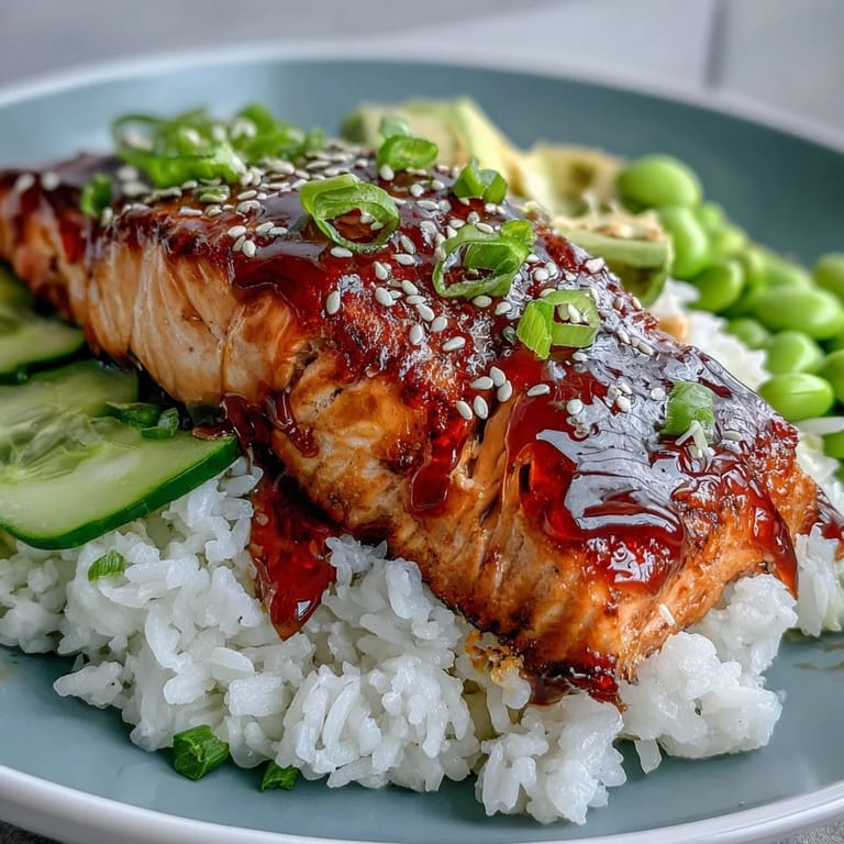 Frische Honey Sriracha Salmon Bowl mit glasiertem Lachs, saftigem Avocado und Jasminreis, bestreut mit Sesam.