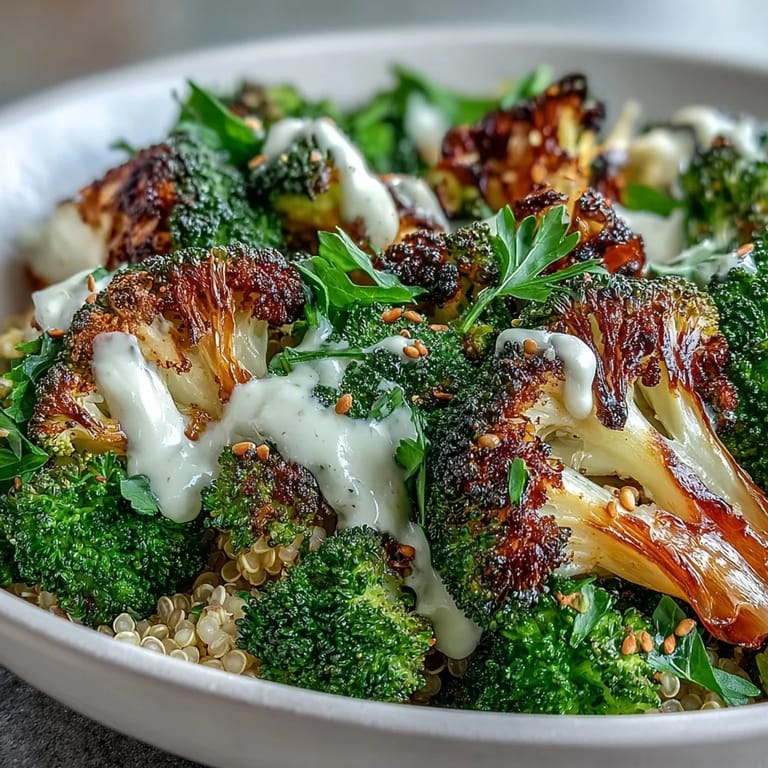 Ein farbenfroher Roasted Broccoli Bowl mit zarten Brokkoliröschen, würziger Zwiebelnote und cremigem tahini-basierten Dressing.