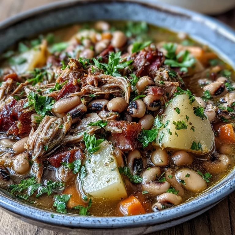 Eine dampfende Schüssel Black-Eyed Pea Stew mit Smoked Ham Hocks, garniert mit grüner Petersilie