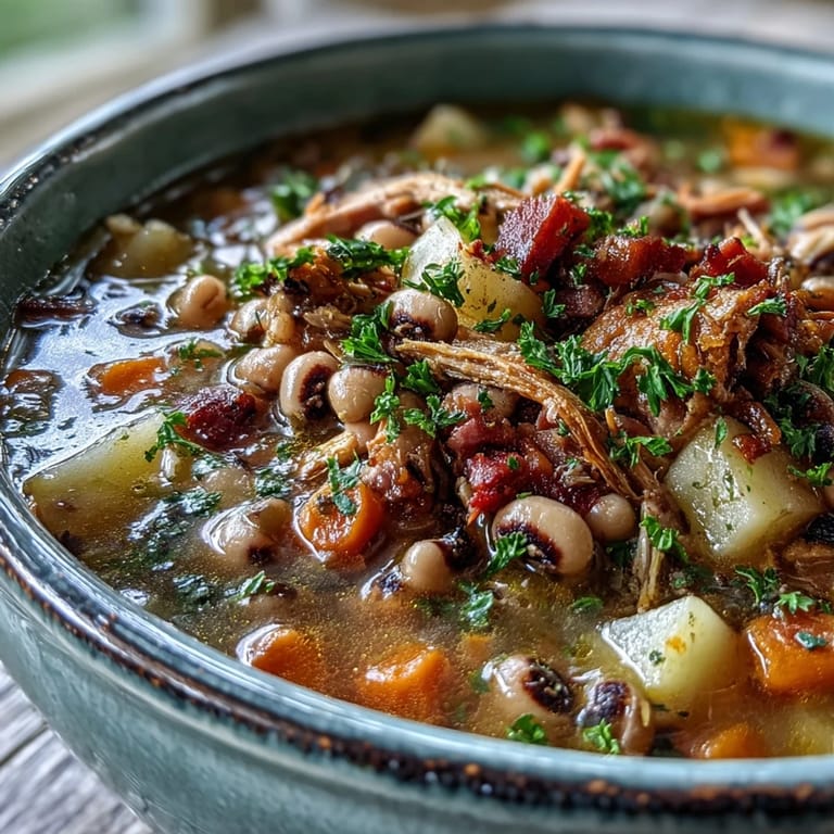 Herzhafte Black-Eyed Pea Stew mit Smoked Ham Hocks neben Maisbrötchen und heißer Soße