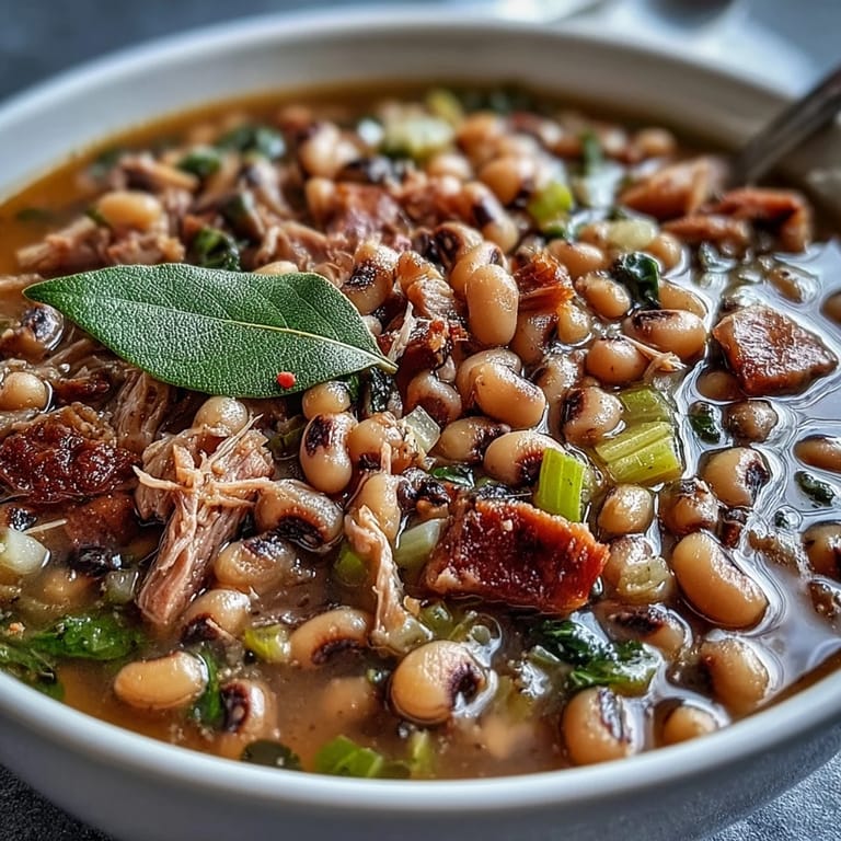 A pot of Classic New Years Black-Eyed Peas with fresh parsley and hot sauce, ready for a Southern New Year's feast.