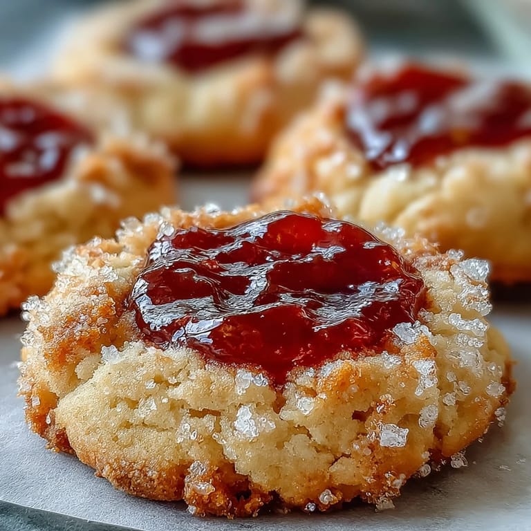 Golden-baked Guava Jam Thumbprint Cookies with vibrant guava jam filling on a rustic table.
