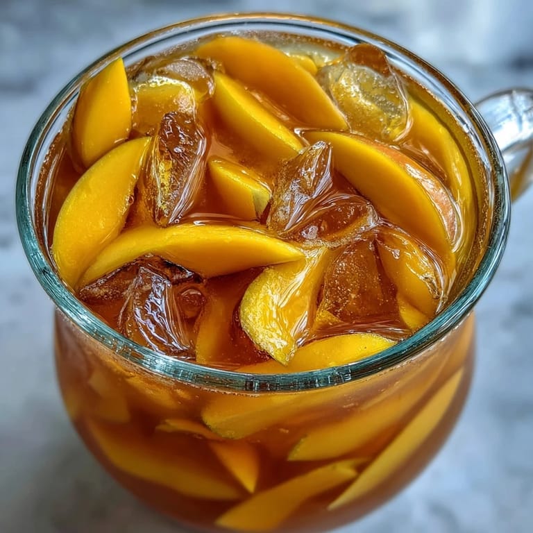 Ein erfrischendes Mango Iced Tea in einem eiskalten Glas mit Eiswürfeln, Garnitur aus frischen Mangoscheiben.