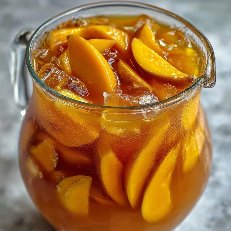 Saftiges Mango Iced Tea in einem Karafenglas, serviert über Eis mit Minzblättern für den perfekten Sommer.
