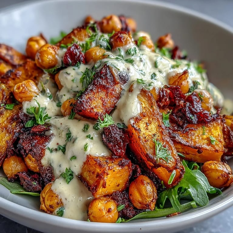 Hearty One-Pan Roasted Carrot and Chickpea Bowl on a bed of mixed greens, perfect for a healthy vegan dinner