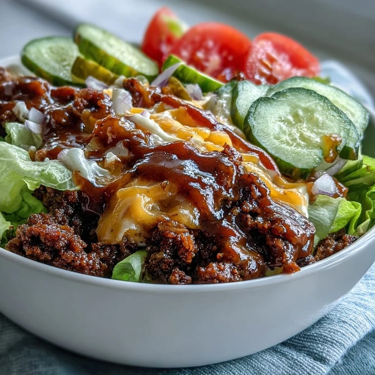 Savory High-Protein Cheeseburger Bowls featuring juicy beef, crunchy veggies and tangy burger sauce, ideal for low-carb meal prep.