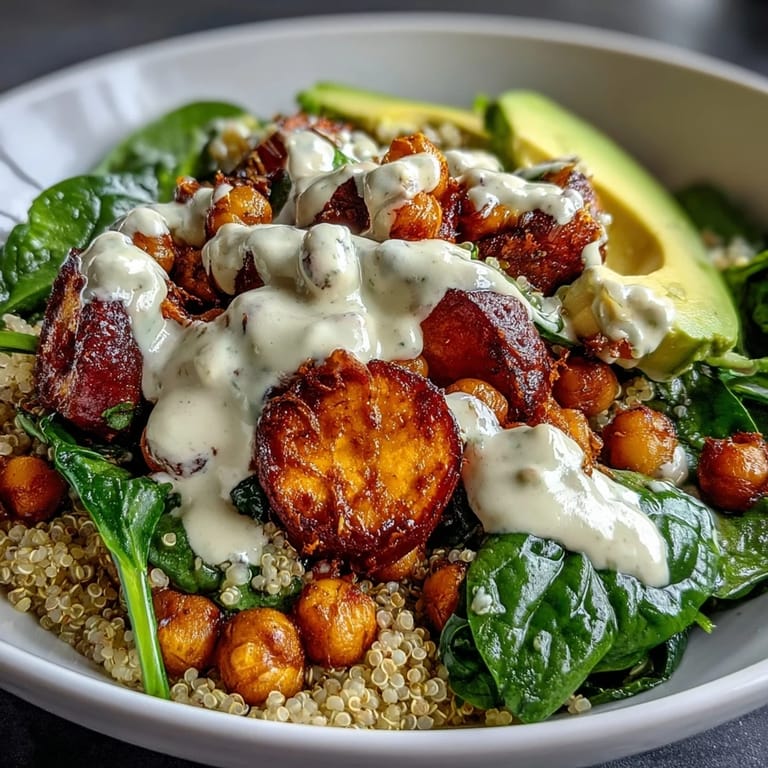 Sättigender Anti-Inflammatory Glow Bowl with Tahini Yogurt, perfekt für ein gesundes Abendessen mit Spinat.