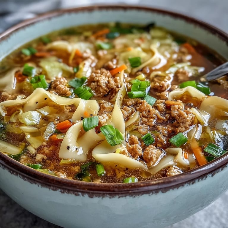 Ein dampfender Topf mit One-Pot Egg Roll Soup aus Hackfleisch und Kraut, garniert mit Zwiebeln und Ingwer.