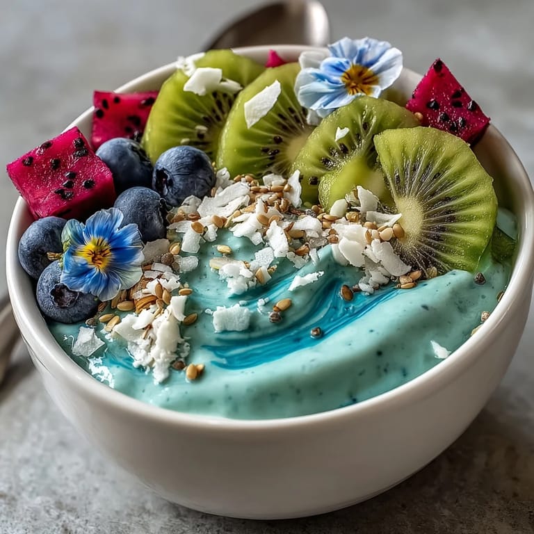 Whimsical Healthy Mermaid Smoothie Bowl served with hemp seeds and fresh fruit, ready to eat.