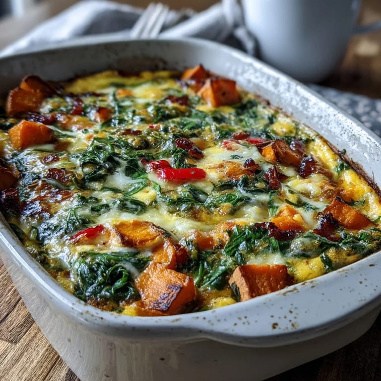 Sliced portion of Easy Sweet Potato Egg Casserole revealing tender sweet potatoes, peppers, and fluffy eggs on a plate.