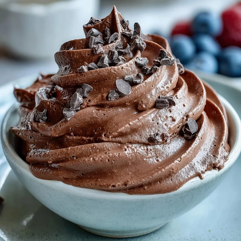 Thick, creamy protein fluff prepared in a mixing bowl with cocoa powder and Greek yogurt for a low-calorie dessert.