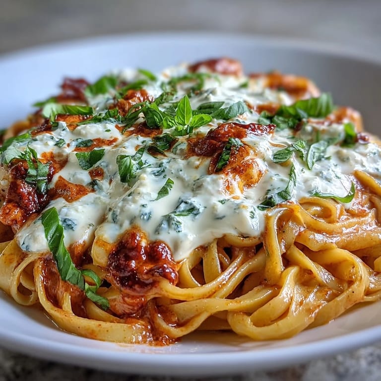 Köstliche Cremige Rote-Pfeffer-Pasta mit Burrata & Kräutern mit glänzender Sauce, serviert mit goldenen Nudeln und Basilikumblättern.