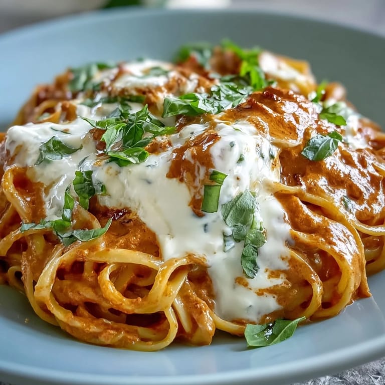 Heimisches Gericht: Cremige Rote-Pfeffer-Pasta mit Burrata & Kräutern, cremig angerichtet, garniert und für US-Food-Blog-Fotografie perfekt.
