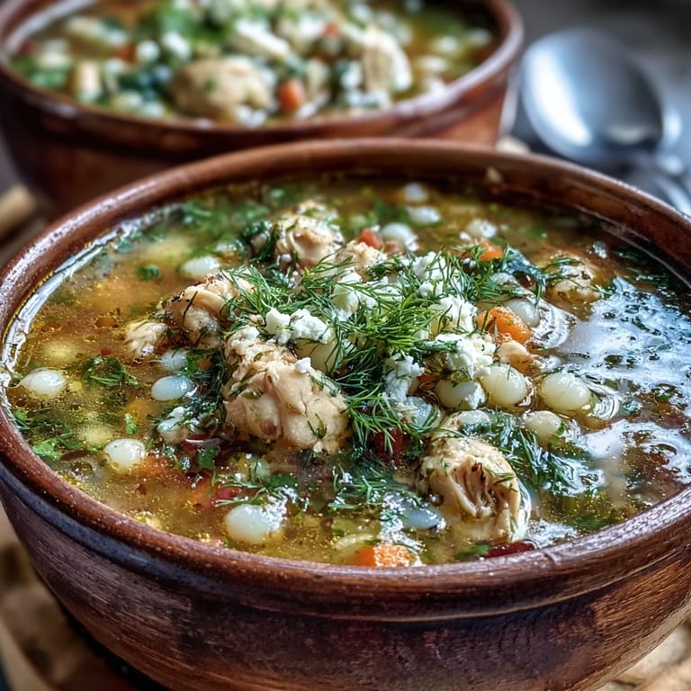 A warm bowl of Greek Chicken & Pearl Couscous Soup with lemon wedges, perfect for a cozy Mediterranean meal.