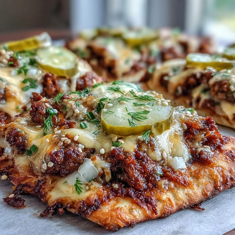 Gebackene Cheeseburger Garlic Naan Pizzas mit würzigem Rindfleisch, Gurken und frischen Schnittlauchringen