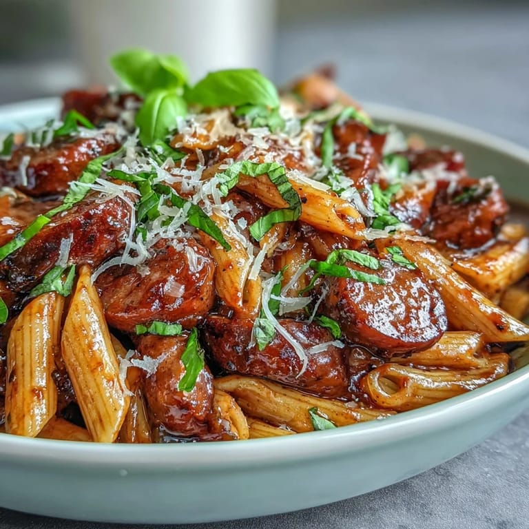 Steaming One-Pot Creamy Red Wine Sausage pasta with red bell peppers and a rich red wine sauce.
