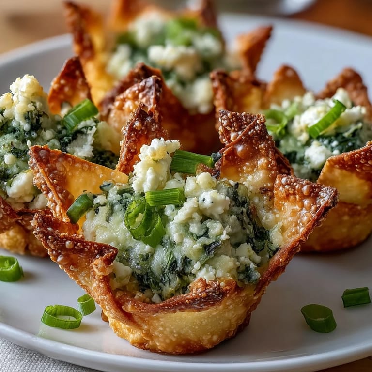 Bite-sized Crispy Spinach Feta Wonton Cups perfect for a party appetizer spread.