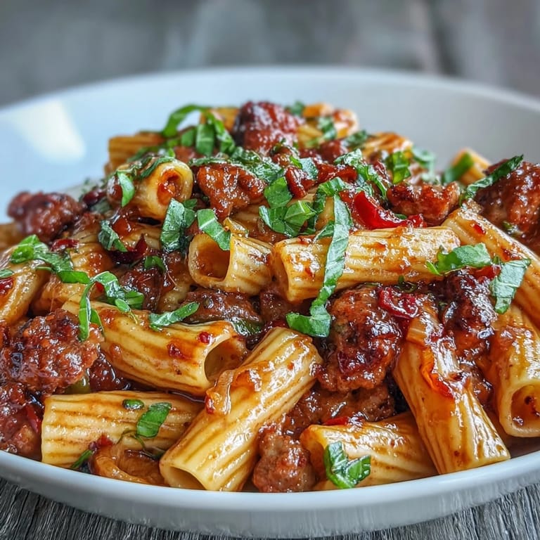Creamy One-Pot Creamy Red Wine Sausage Pasta with browned sausage chunks, al dente penne, and a glossy red sauce coating every noodle.