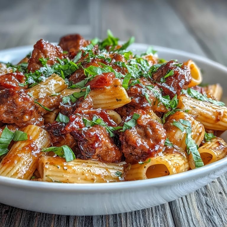 Hearty One-Pot Creamy Red Wine Sausage Pasta topped with melted Parmesan and chopped parsley, ready to serve with crusty bread on the side.