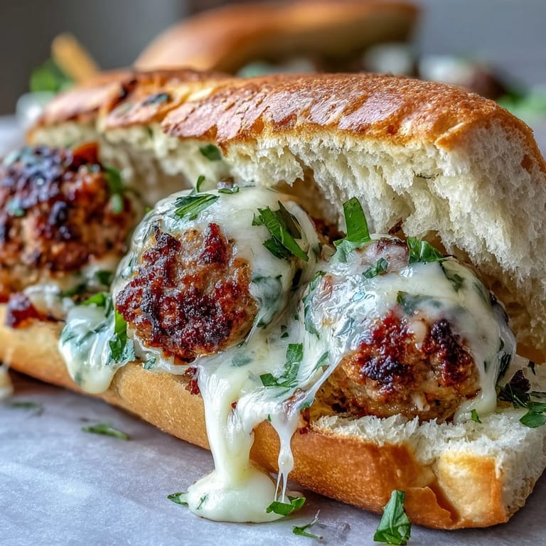 Melted mozzarella tops this Garlic Parmesan Turkey Meatball Sub, garnished with fresh parsley on a rustic plate.