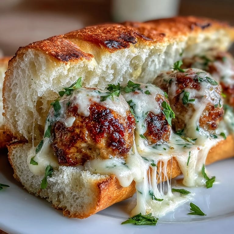 Sizzling turkey meatballs coated in a garlicky Parmesan cream sauce, ready to be piled into warm sub rolls.