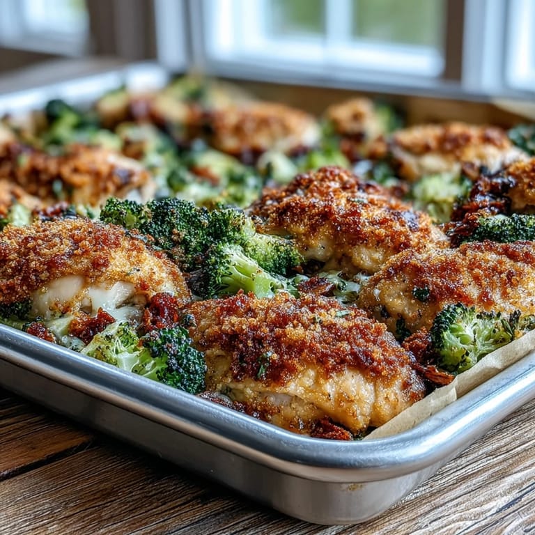 Genieße diese Crispy Parmesan Broccoli & Chicken Trays auf einem Backblech, serviert mit frischer Petersilie und Zitrone.