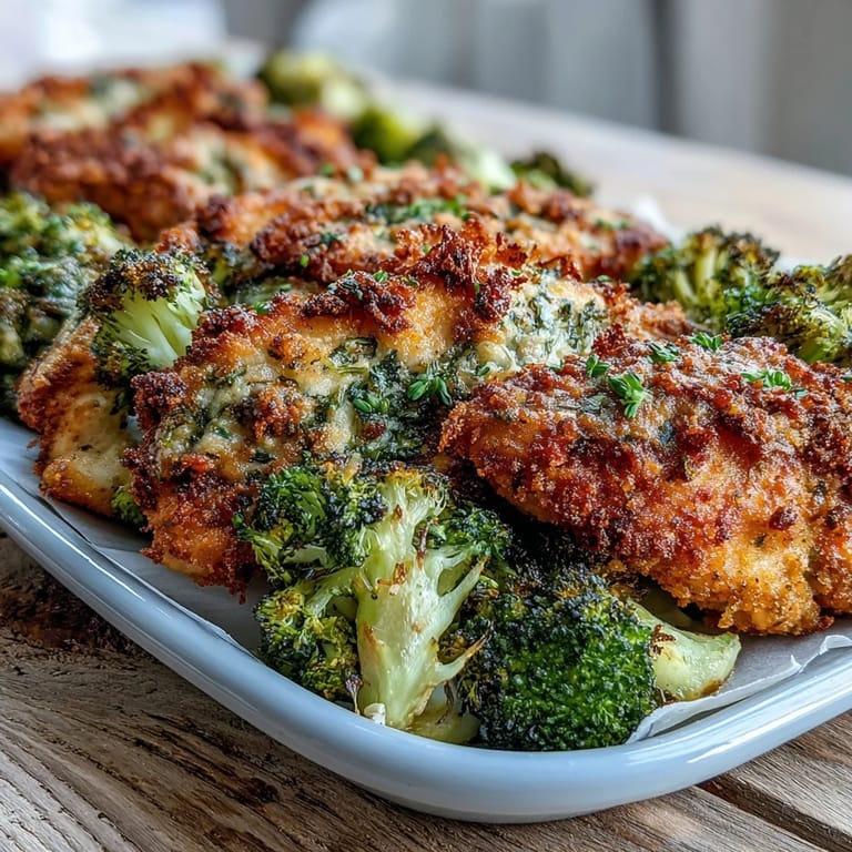Saftige Hähnchenbrust und knuspriger Brokkoli auf einer Crispy Parmesan Broccoli & Chicken Trays, perfekt für schnelle Abendessen.