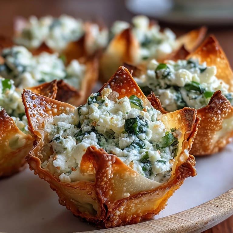 Vegetarische Crispy Spinach Feta Wonton Cups mit knusprigen Teigrändern und weicher Füllung für den kleinen Hunger.