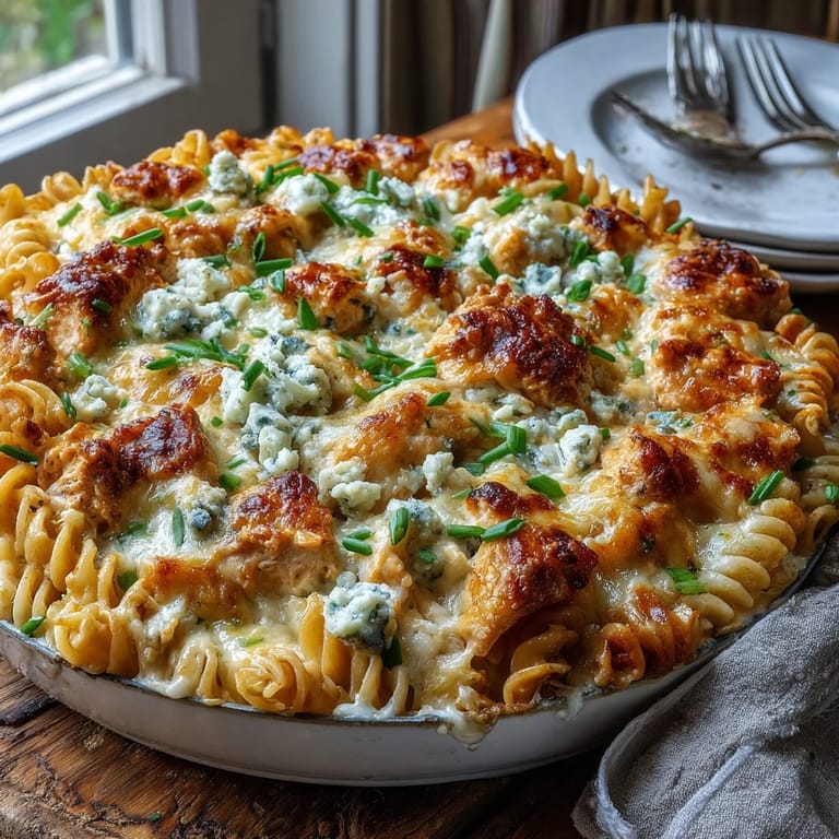 Sliced green onions and crumbled blue cheese garnish a pan of Creamy Buffalo Ranch Chicken Pasta Bake beside a crisp salad on a wooden table.