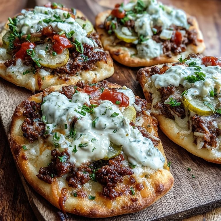 Freshly baked Cheeseburger Garlic Naan Pizzas served hot with diced tomatoes and green chives on a rustic serving board.