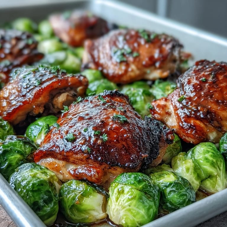 Vier Portionen saftiges Hähnchen mit süß-scharfer Honig-Senf-Sauce und geröstetem Rosenkohl und roten Zwiebeln, direkt vom Backblech serviert, perfekt für eine schnelle und einfache Wochenplatzahl.