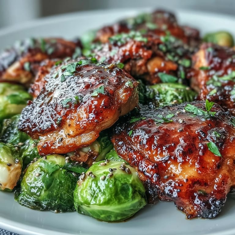 Goldbraunes, aromatisches Sheet Pan Honey Mustard Chicken mit weichen Hähnchenkeulen und glasiertem Rosenkohl auf einem ausgelegten Backblech, duftend nach Dijon-Senf und Honig, ideal für eine gesunde, glutenfreie Mahlzeit.