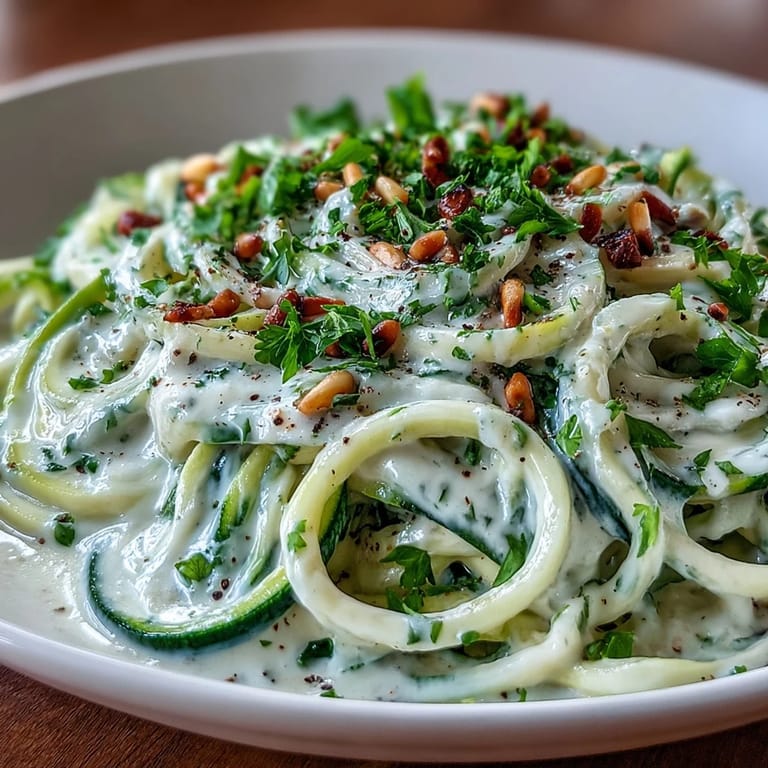 Close-up of Vegan Creamy Cashew Alfredo over Zucchini Noodles drizzled with silky sauce, served warm with lemon wedges and black pepper on a rustic table.