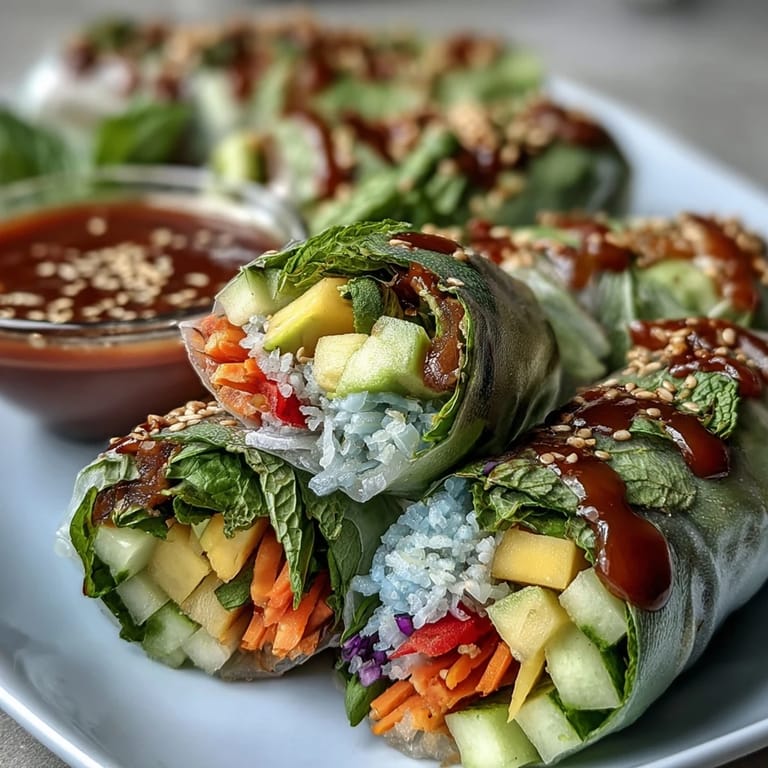 A platter of Vegan Mango Avocado Spring Rolls with Sweet Chili Sauce, paired with a zesty dipping sauce and lime wedges.