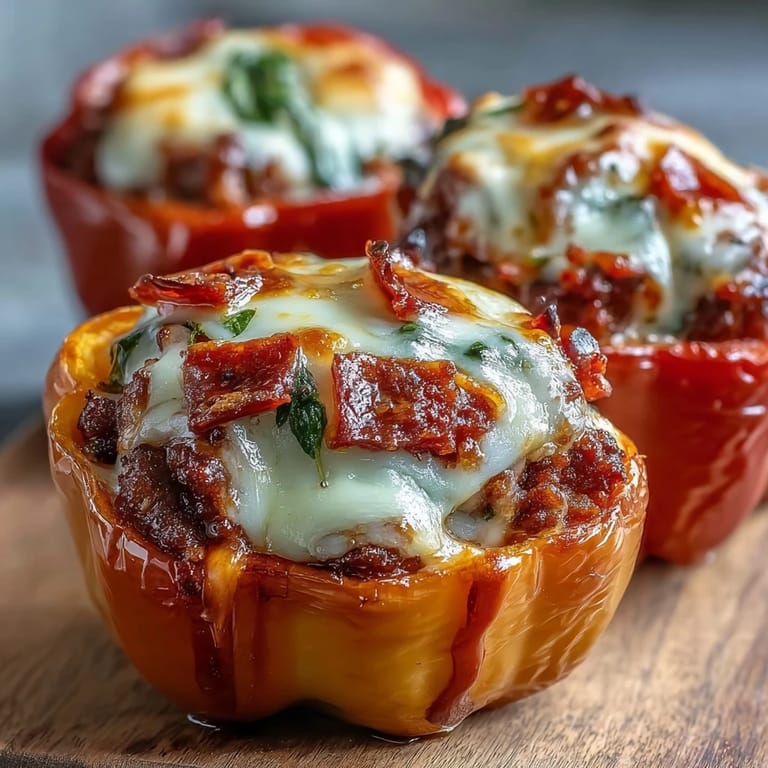 Saftige Keto Pizza Stuffed Peppers mit viel Mozzarella und frischem Basilikum garniert, perfekt für das Abendessen.