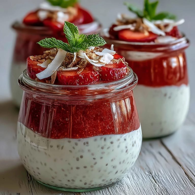 Creamy Strawberry Chia Seed Pudding with coconut milk and toasted flakes, perfect for a healthy snack.