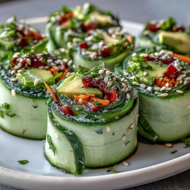 Leichte Gurken Avocado Rollen mit Sesam und würziger Sojadicke auf Teller.