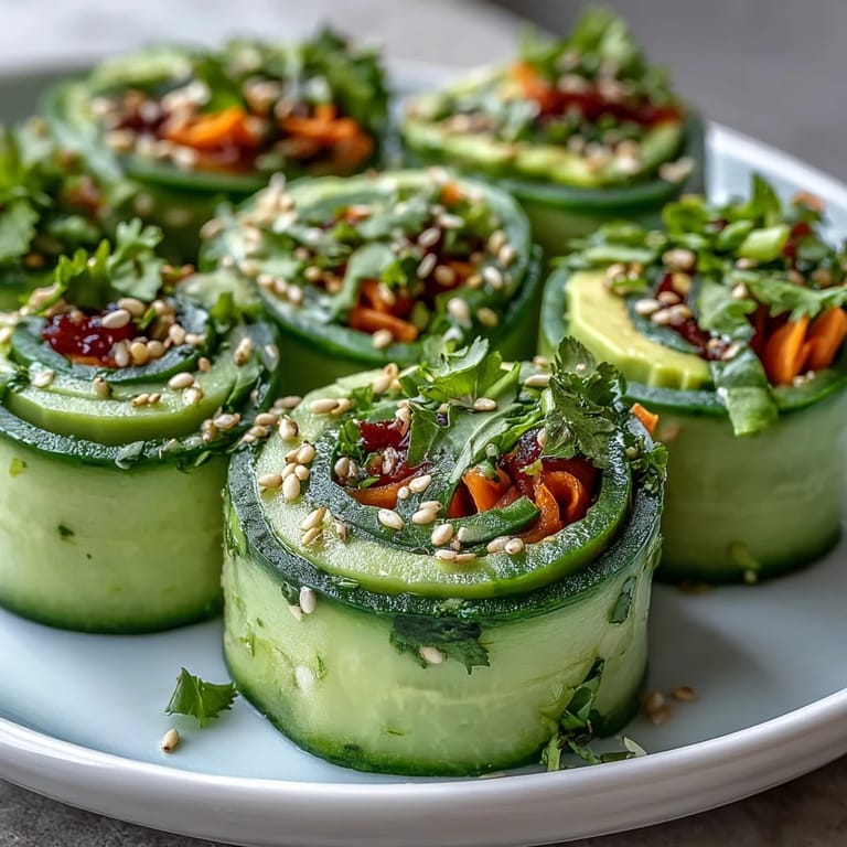 Genieße Leichte Gurken Avocado Rollen mit Sesam als frischen veganen Snack.