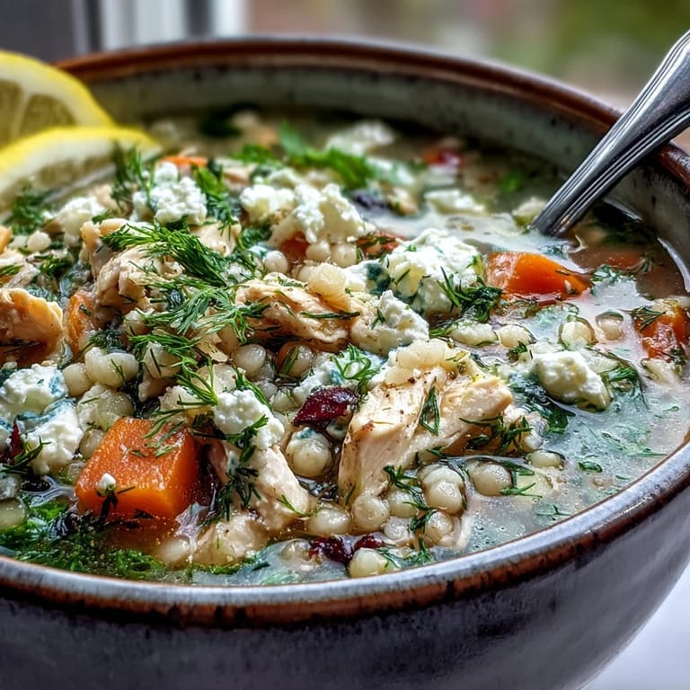 Heiße Greek Chicken & Pearl Couscous Soup in Schalen, Zitronenspalten und goldene Couscous.