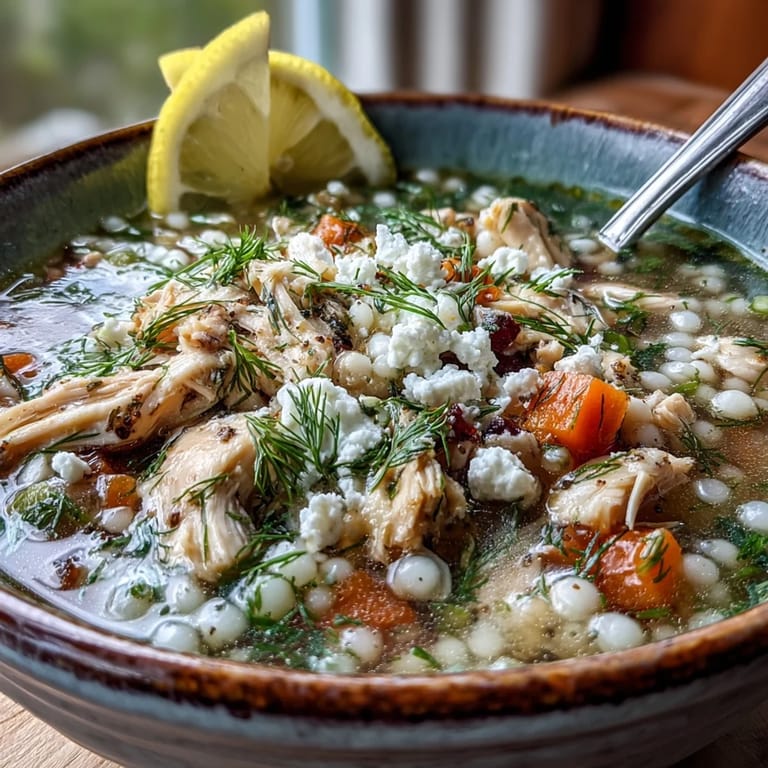 Tröstliche Greek Chicken & Pearl Couscous Soup, zerfasertes Hähnchen, zitronig, mit Feta-Topping.