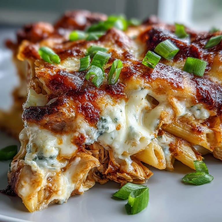 Golden Creamy Buffalo Ranch Chicken Pasta Bake topped with melty cheese and herbs, paired with a crisp salad.