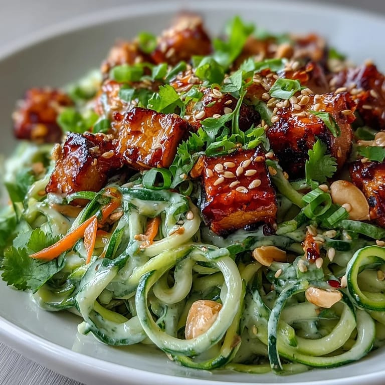 Genussvoll angerichtete TikTok-Style Chili Crisp Cucumber Noodle Bowls mit Sesam und frischen Kräutern.