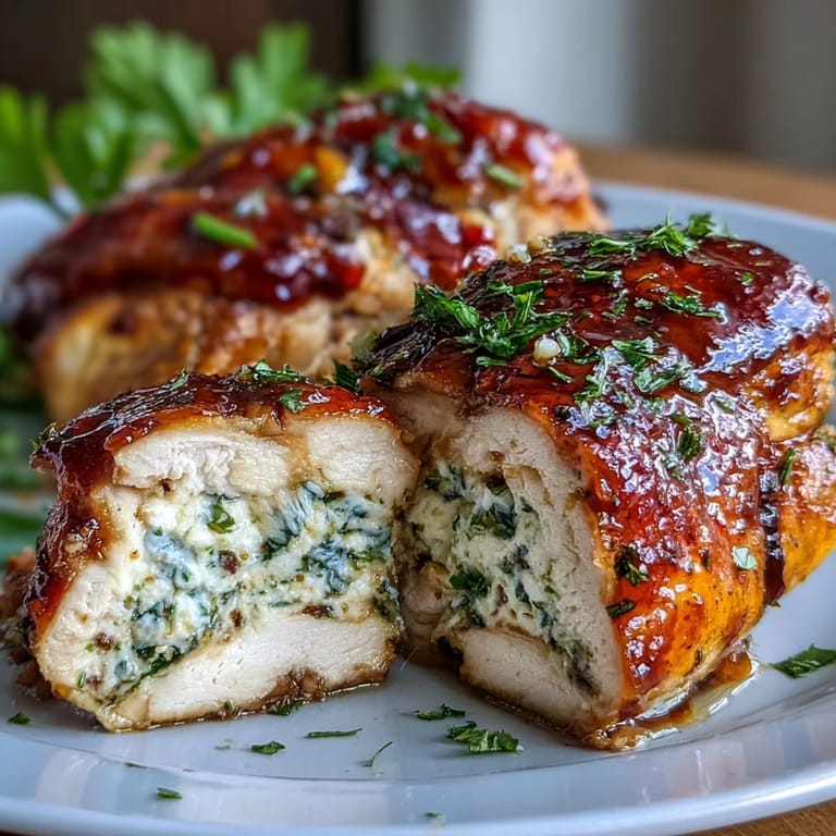Scharf-süße Hot Honey Ricotta Stuffed Chicken auf Tellern mit Kräutern und frischem Salat.