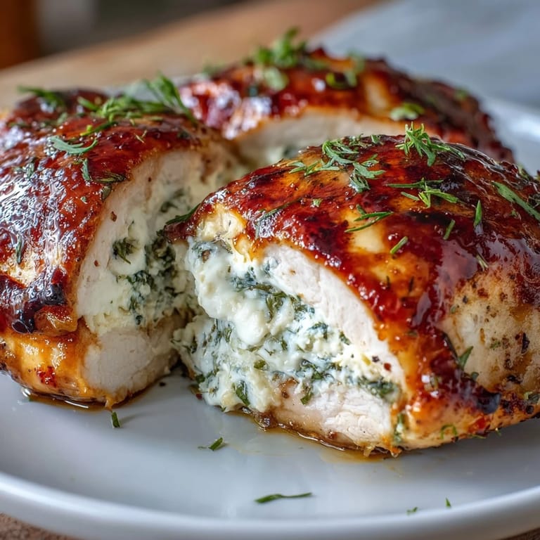 Saftiges Hot Honey Ricotta Stuffed Chicken mit zerlaufener Käse-Füllung und glasiger Honig-Glasur am Stück.