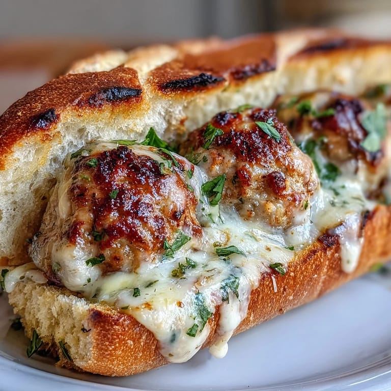 Vier saftige Putenbällchen mit Parmesan-Sauce und frischer Petersilie in einem gebackenen Sub-Roll.