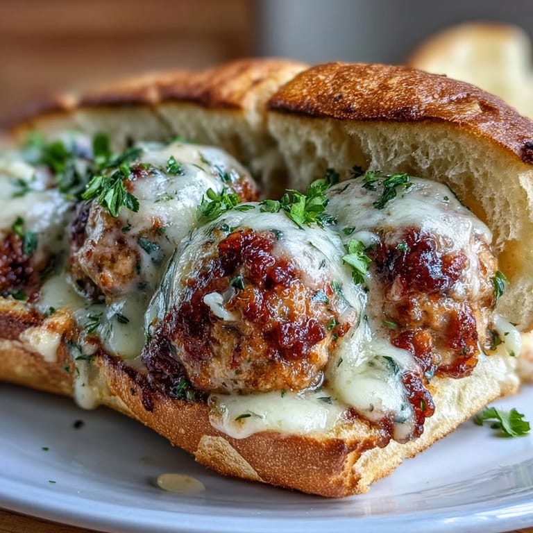 Geschmolzene Mozzarella-Scheiben auf heißen Putenbällchen mit Knoblauchsauce in gerösteten Brötchen.