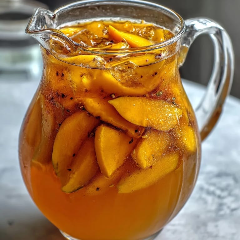 Saftiges Mango Iced Tea in einem Karafenglas, serviert über Eis mit Minzblättern für den perfekten Sommer.