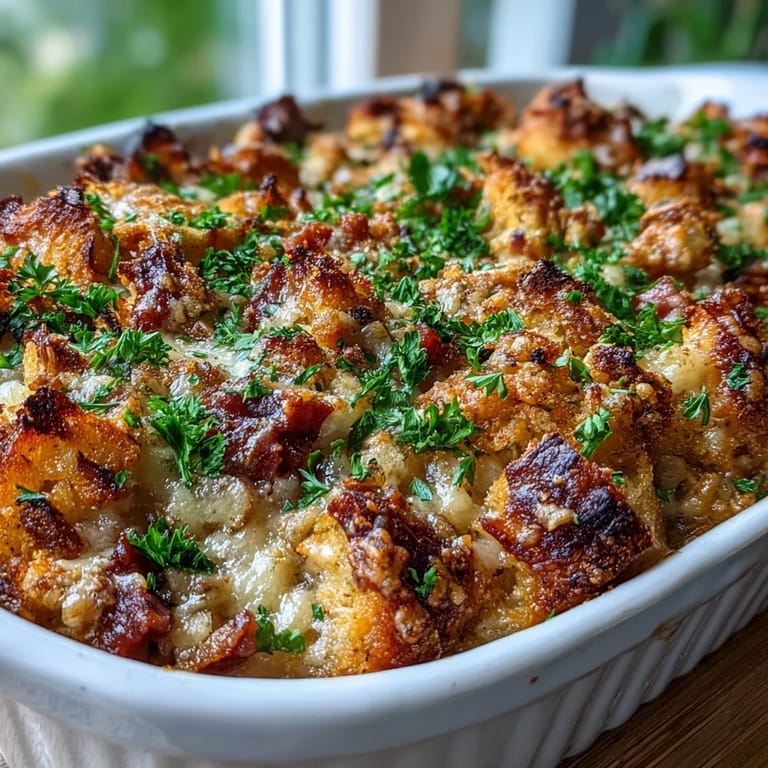 Golden Keto Chicken Cordon Bleu Casserole bubbling from the oven, garnished with fresh parsley.