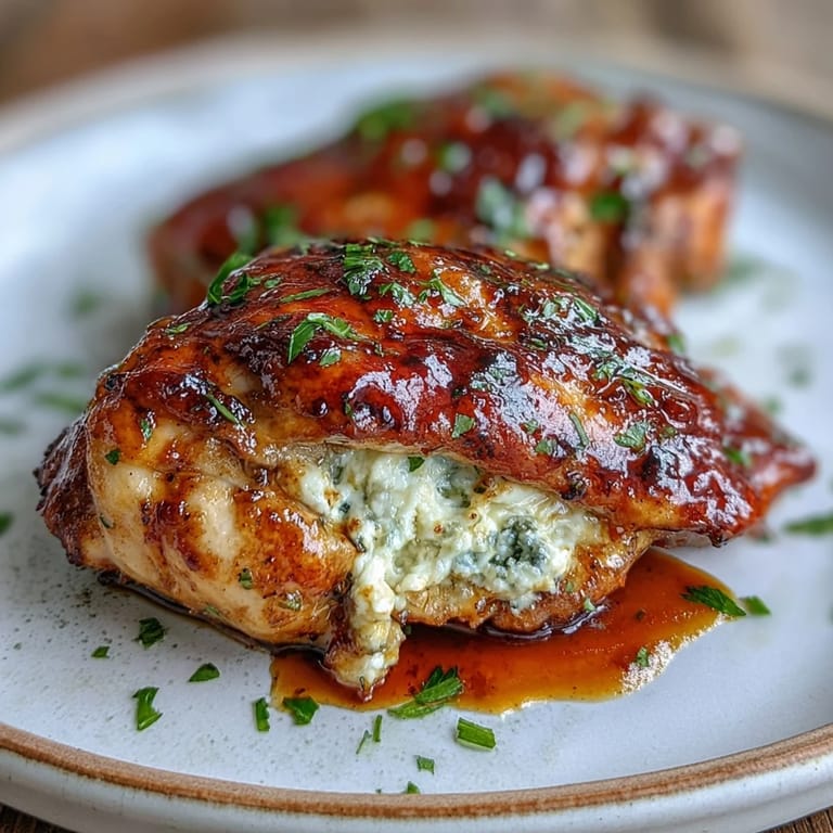 Saftige Hot Honey Ricotta Stuffed Chicken aus dem Ofen, mit goldener Kruste und würziger Honig-Butter-Glasur.